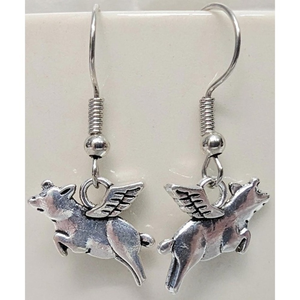 Silver Tone Flying Pig with Wings Earrings When Pigs Fly NEW Piggie Swine Farm